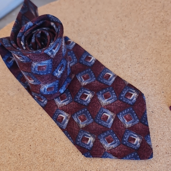 Make Offer!Bugatti Blue and Brown Silk Tie with Geometric Pattern - Picture 1 of 3